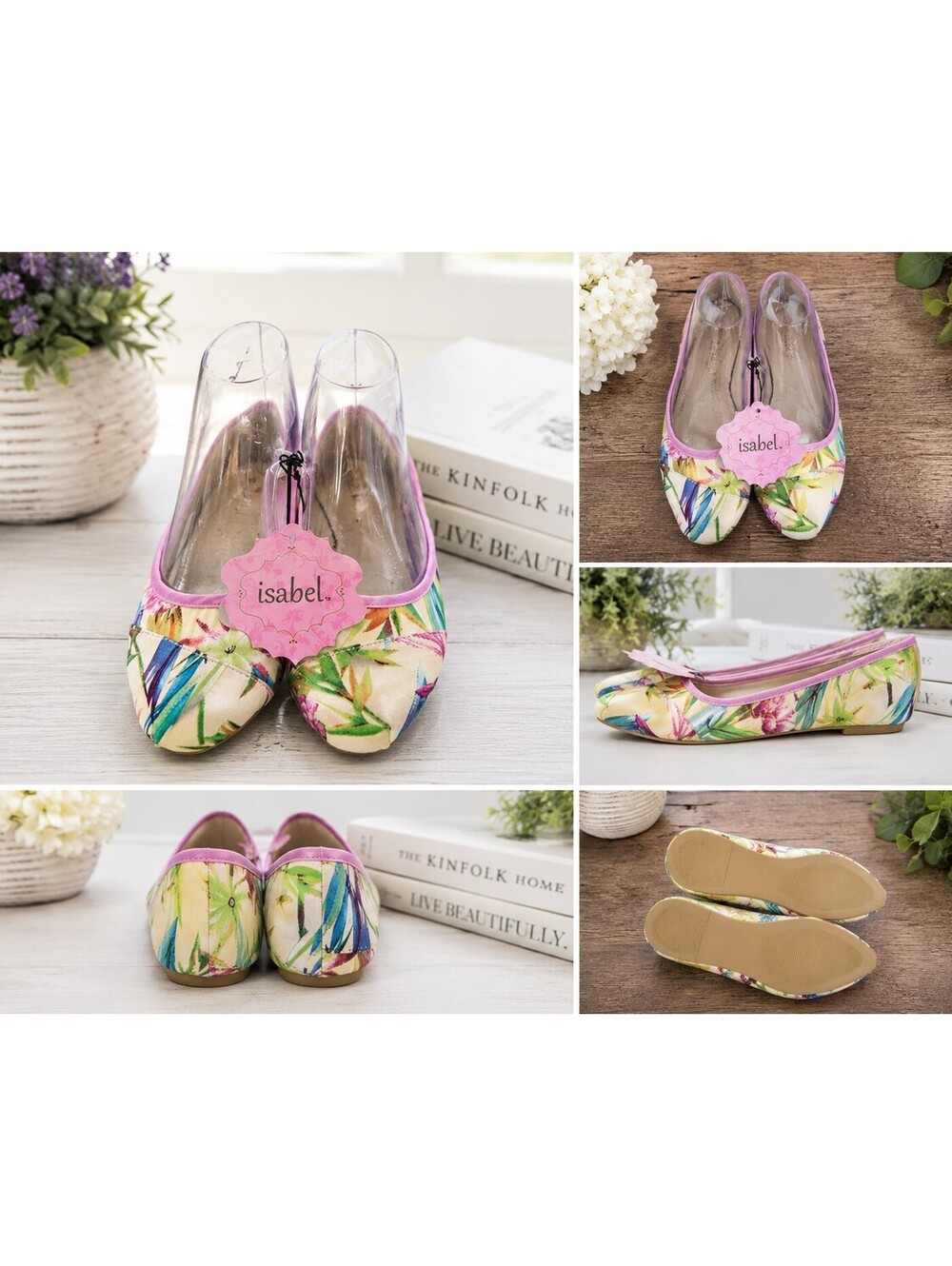 Isabel Floral Ballet Flats Women US 5 Botanical Slip On Cream Pink Trim Shoes